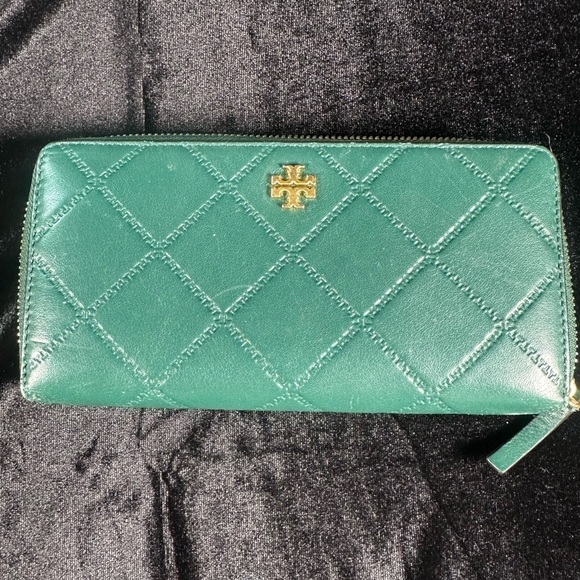 Tory Burch Georgia Zip Continental Wallet Malachite Green Leather gold accents - Picture 2 of 12